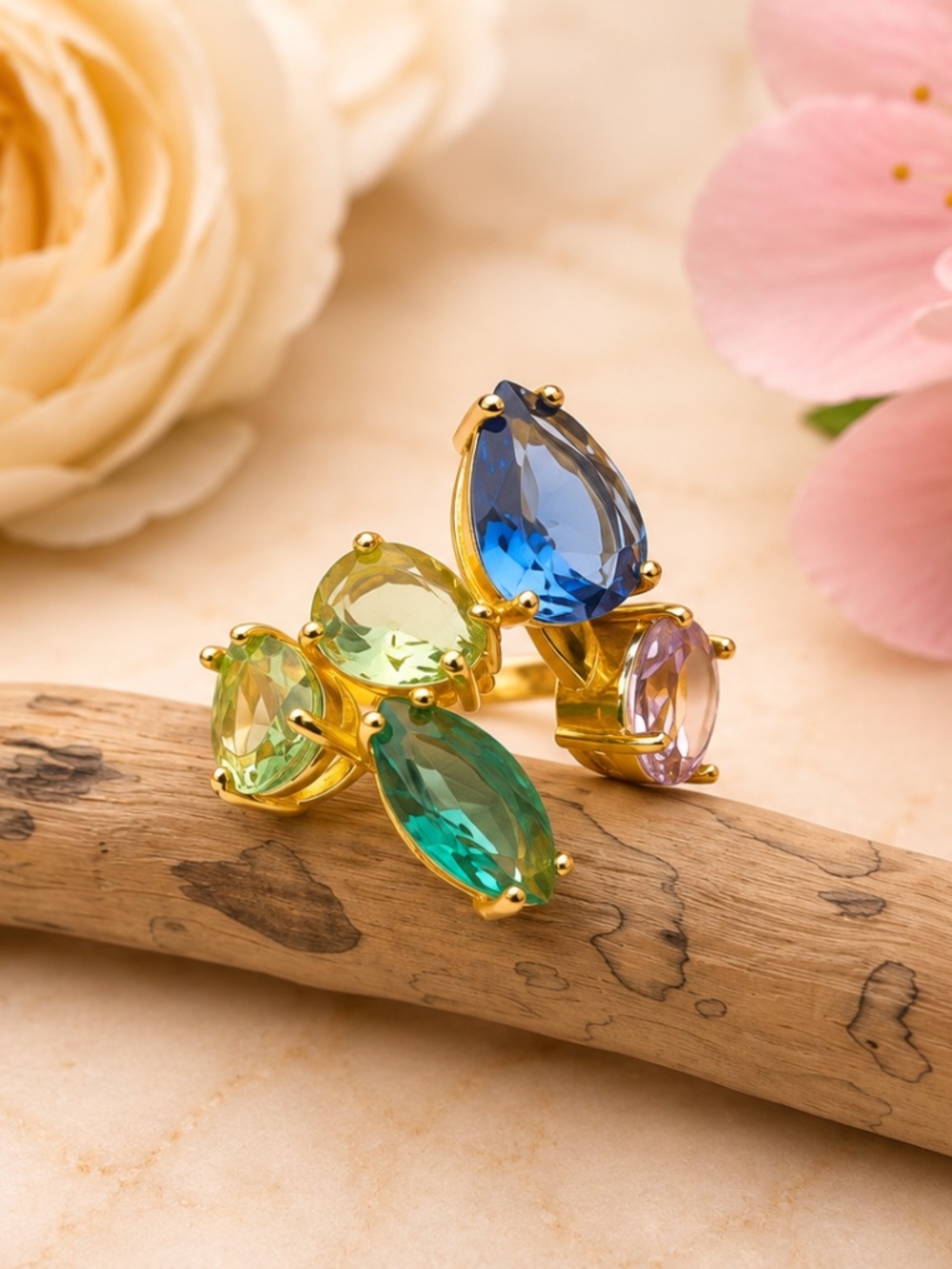 New Rainbow Crystal Statement Ring – Adjustable Size 5+ | 22K Gold Plated